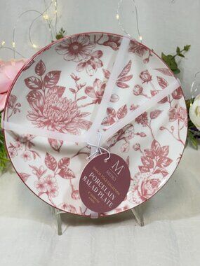 Medici Pink Dahlia Toile Collection 8" Porcelain Salad Plates Set of 4 New